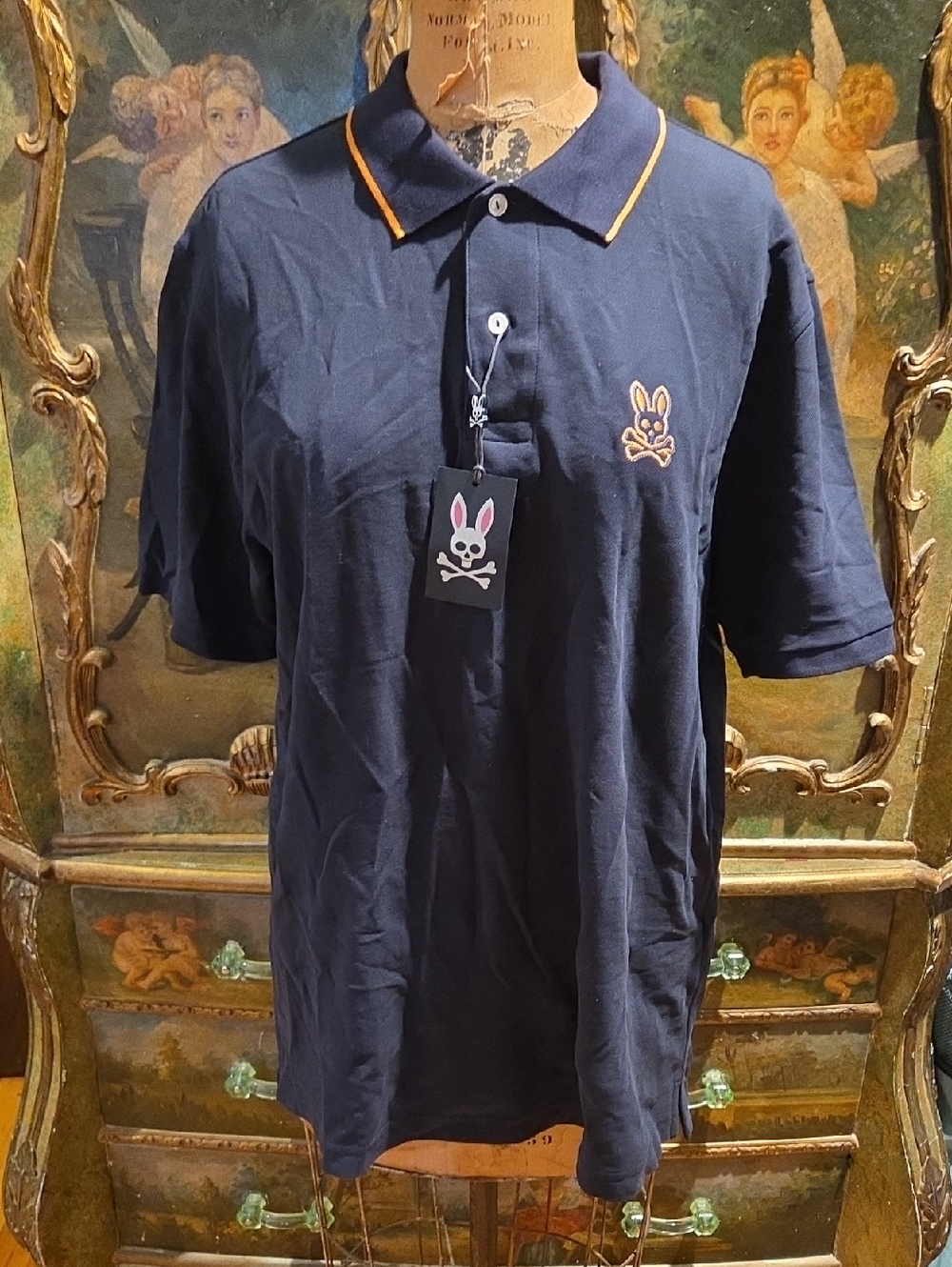 Psycho Bunny Men's Navy Polo with Orange Piping and Bunny Skull Motif Sz 7/XL